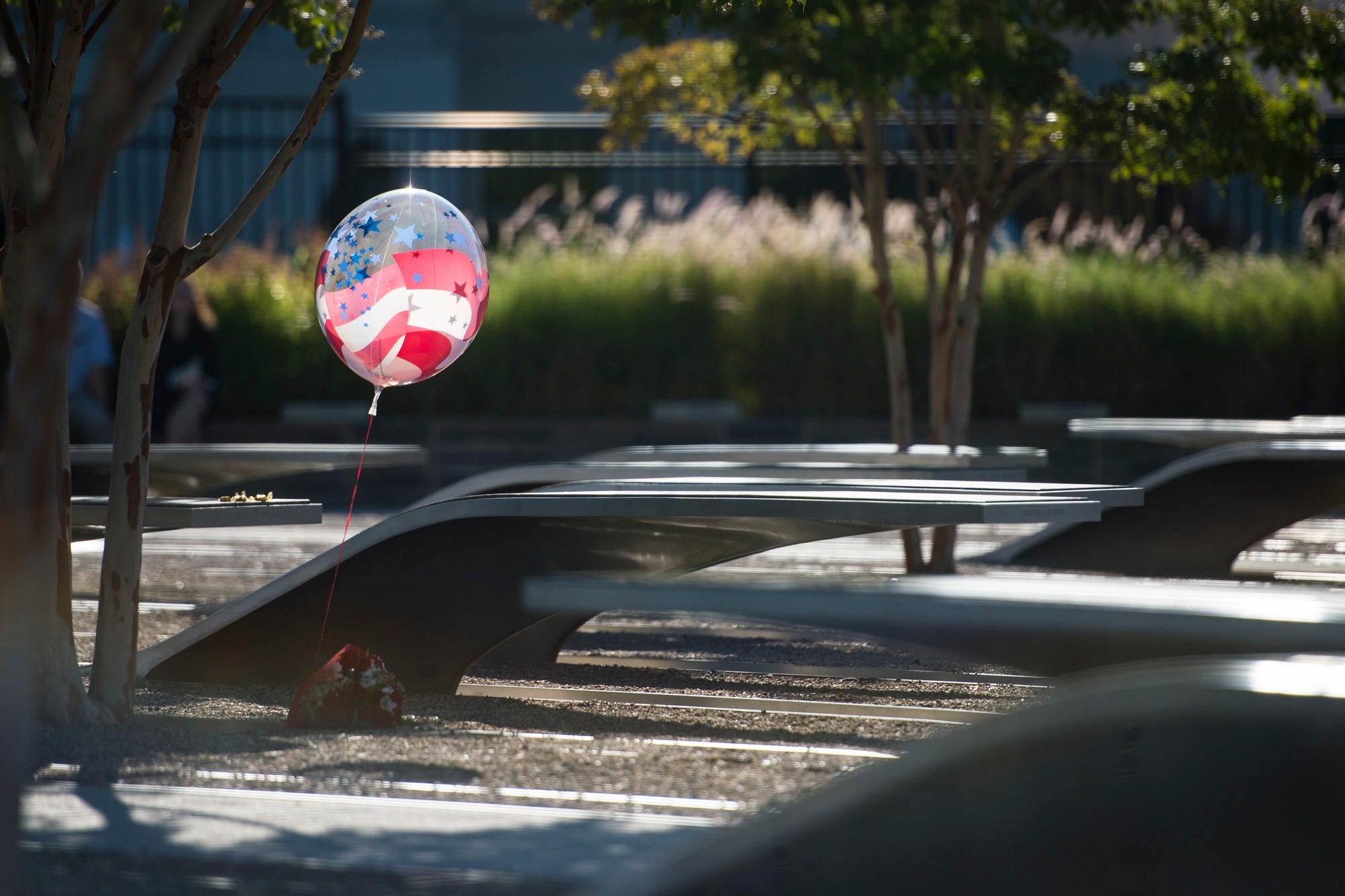 A balloon left at the National 9/11 Pentagon Memorial on the 14th anniversary of the attack