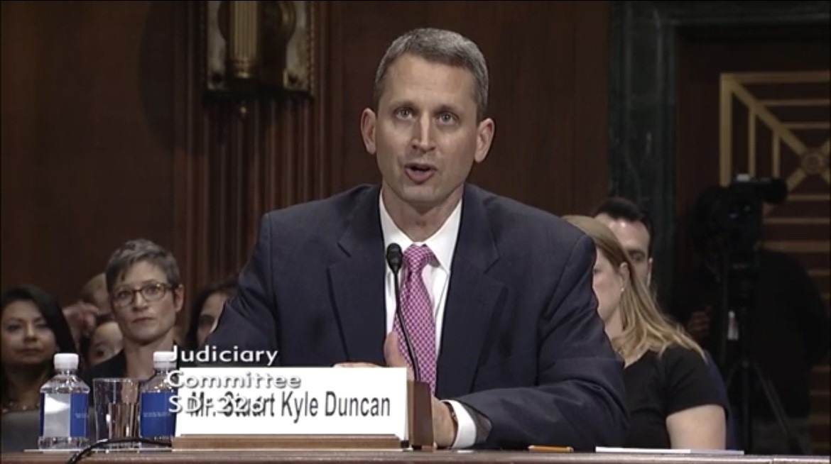 Stuart Kyle Duncan testifying at his 2017 Senate Judiciary Committee confirmation hearing for the Fifth Circuit