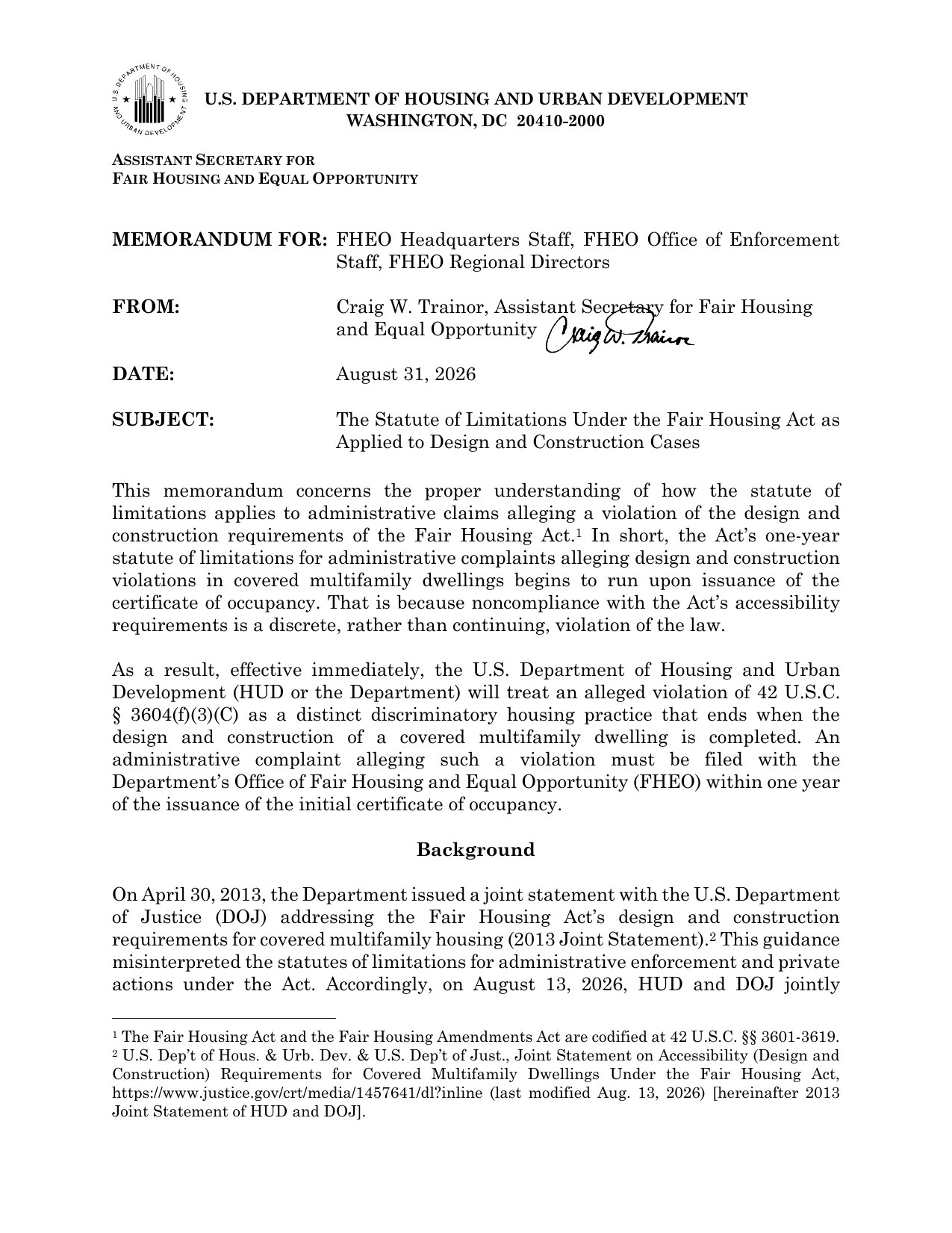 Page 1 of Assistant Secretary Craig W. Trainor's August 31, 2026 HUD memorandum on the Fair Housing Act statute of limitations in design and construction cases