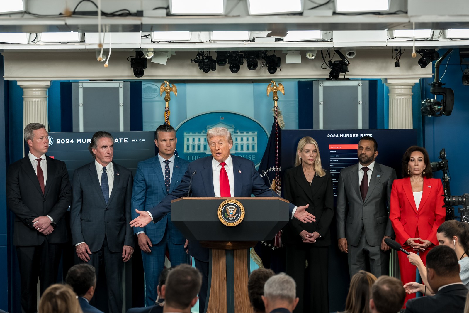 President Trump speaking at a lectern in the White House briefing room flanked by officials, with two large placards reading 2024 MURDER RATE PER 100K behind him