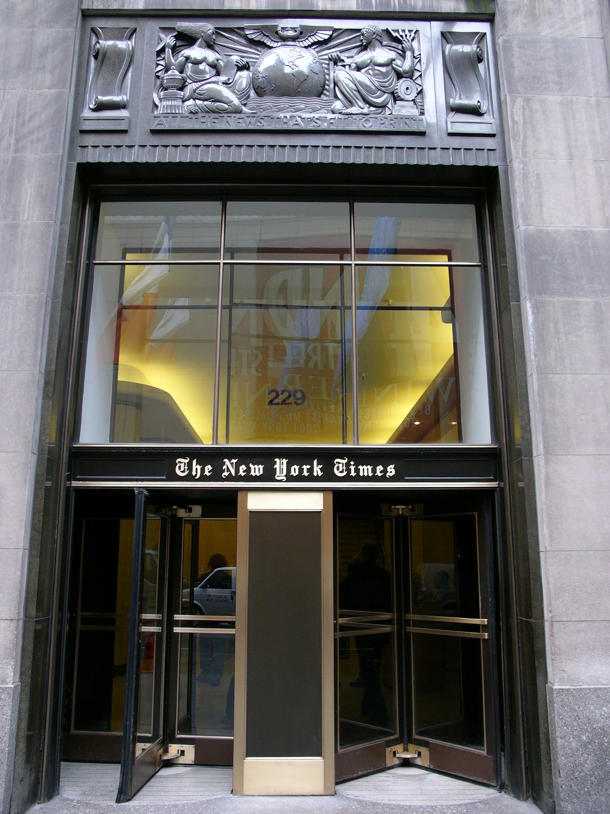 Entrance of the building at 229 West 43rd Street in Manhattan, the New York Times' former headquarters