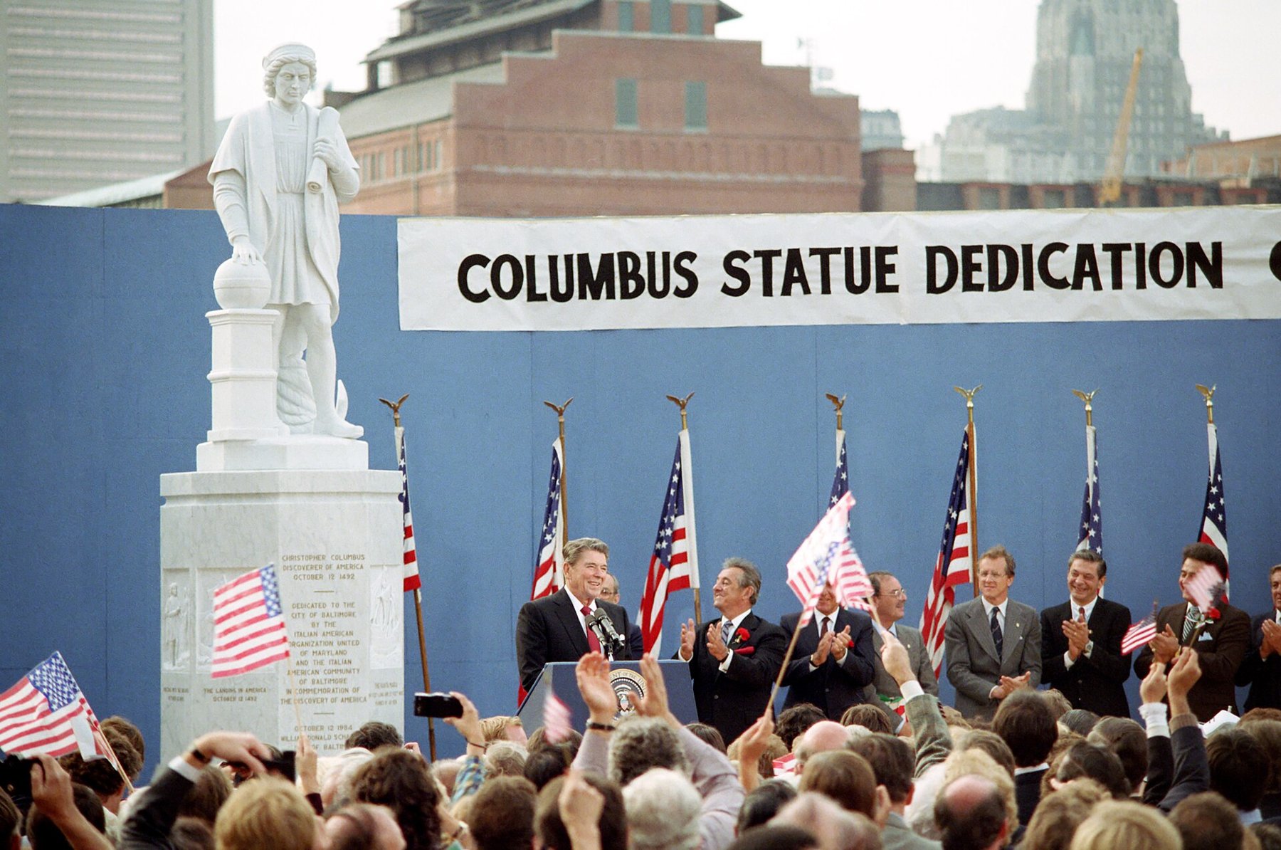 President Ronald Reagan speaking at the dedication of the Christopher Columbus statue in Baltimore's Little Italy, October 8, 1984