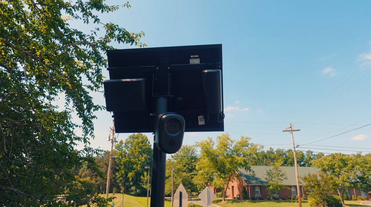 A Flock Safety automated license plate reader camera mounted on a pole with a solar panel