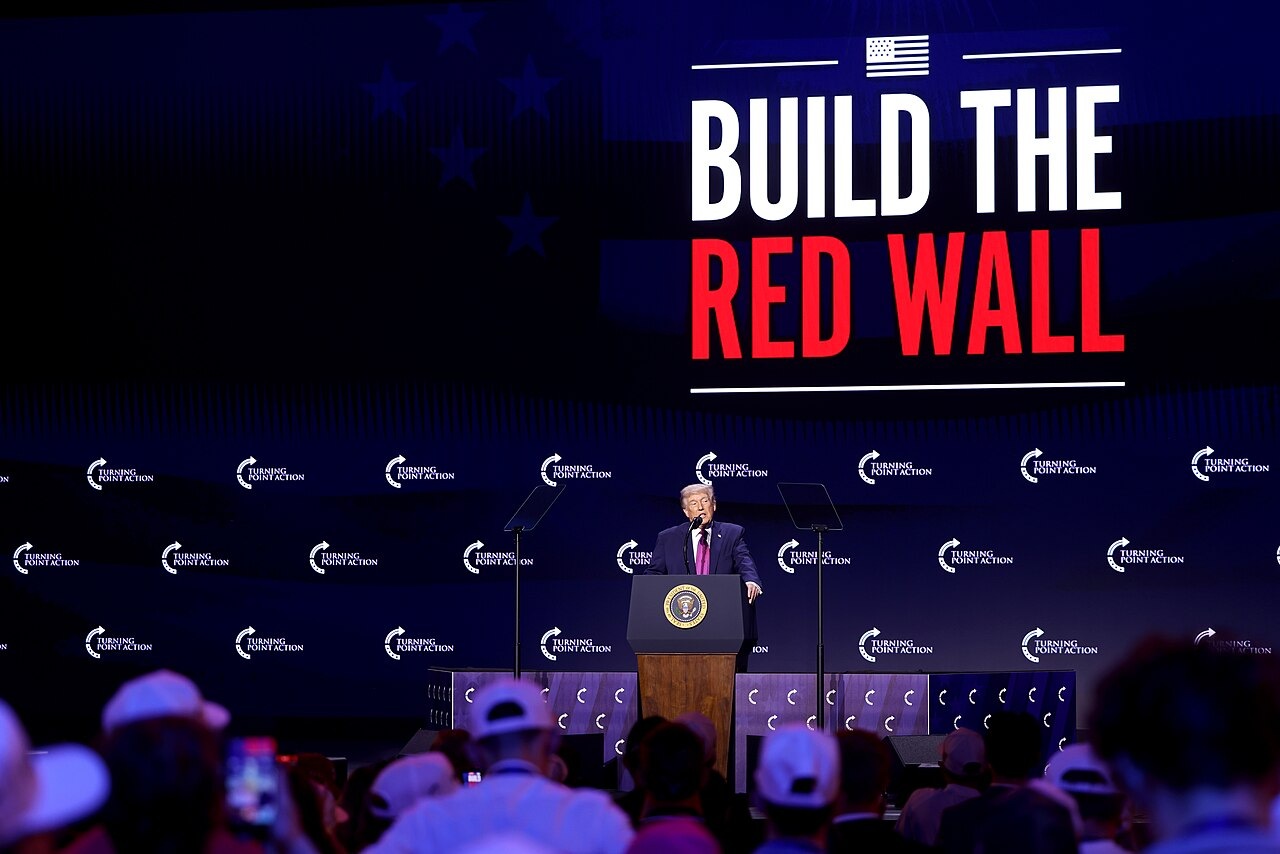 President Trump speaking to a crowd at the Build the Red Wall rally at Dream City Church in Phoenix, Arizona