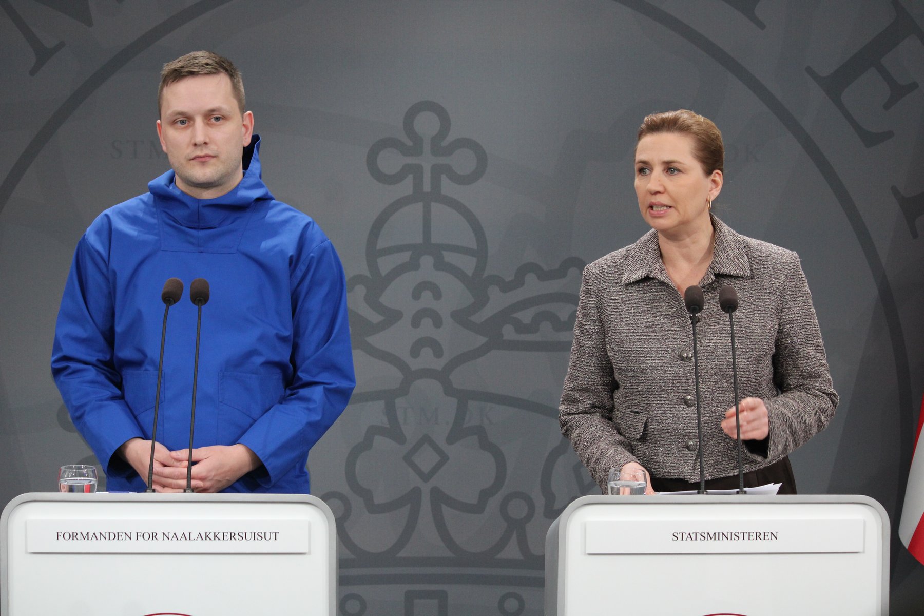 Greenland Prime Minister Jens-Frederik Nielsen and Danish Prime Minister Mette Frederiksen at a press conference in Copenhagen
