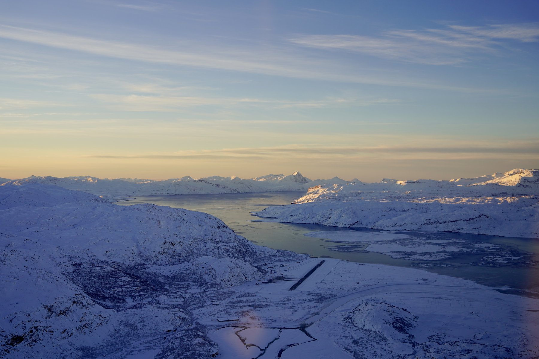 Aerial view of Narsarsuaq Airport and the surrounding fjord in southern Greenland