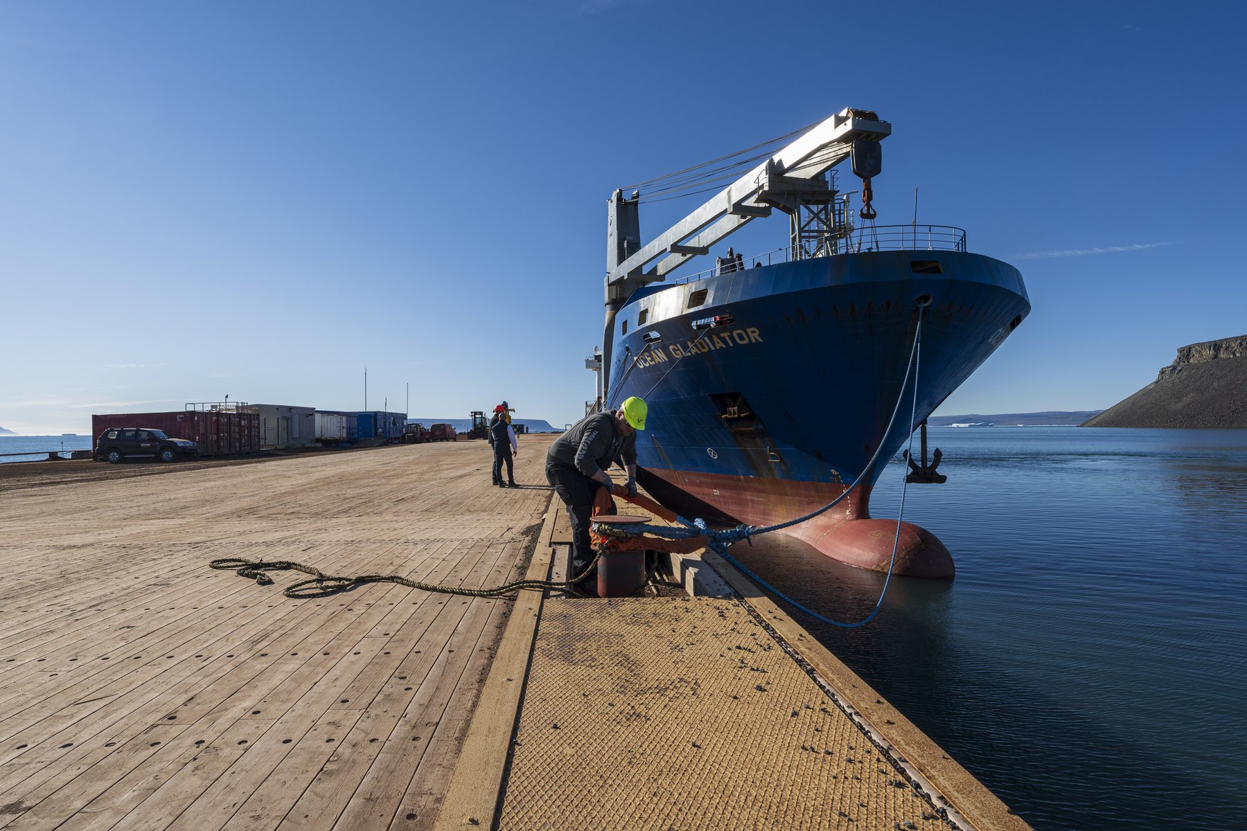 Cargo ship Ocean Gladiator at the deepwater port of Pituffik Space Base, formerly Thule Air Base, Greenland