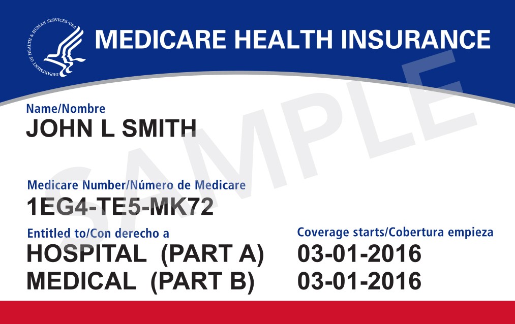 Sample of the red, white and blue Medicare health insurance card showing Part A and Part B coverage