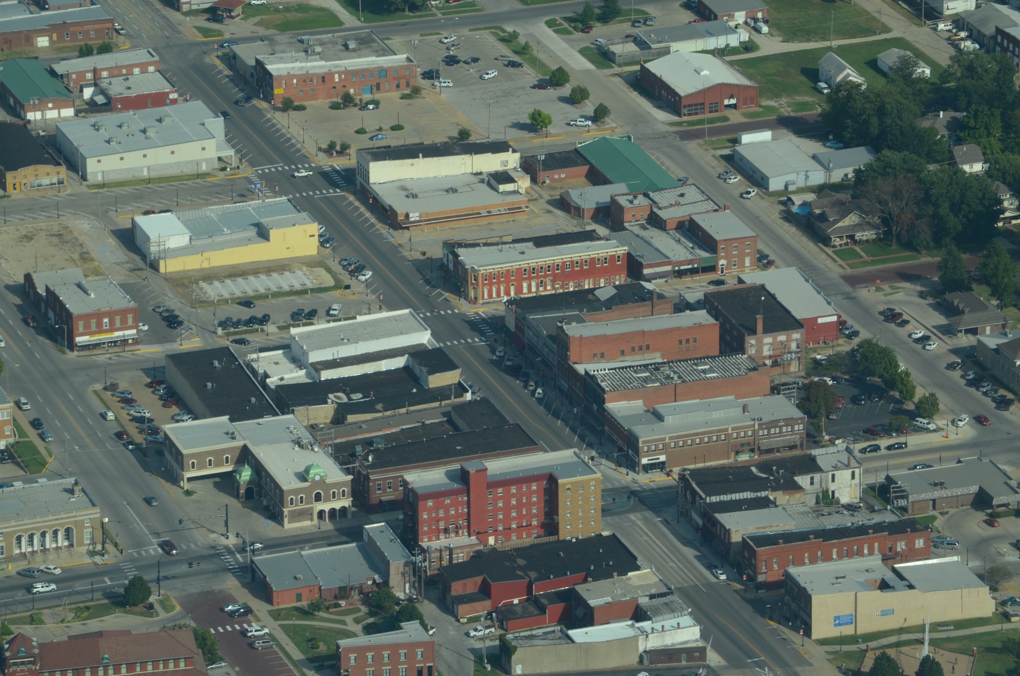 Aerial view of downtown Chanute, Kansas, a small southeast Kansas town of brick storefronts and wide streets