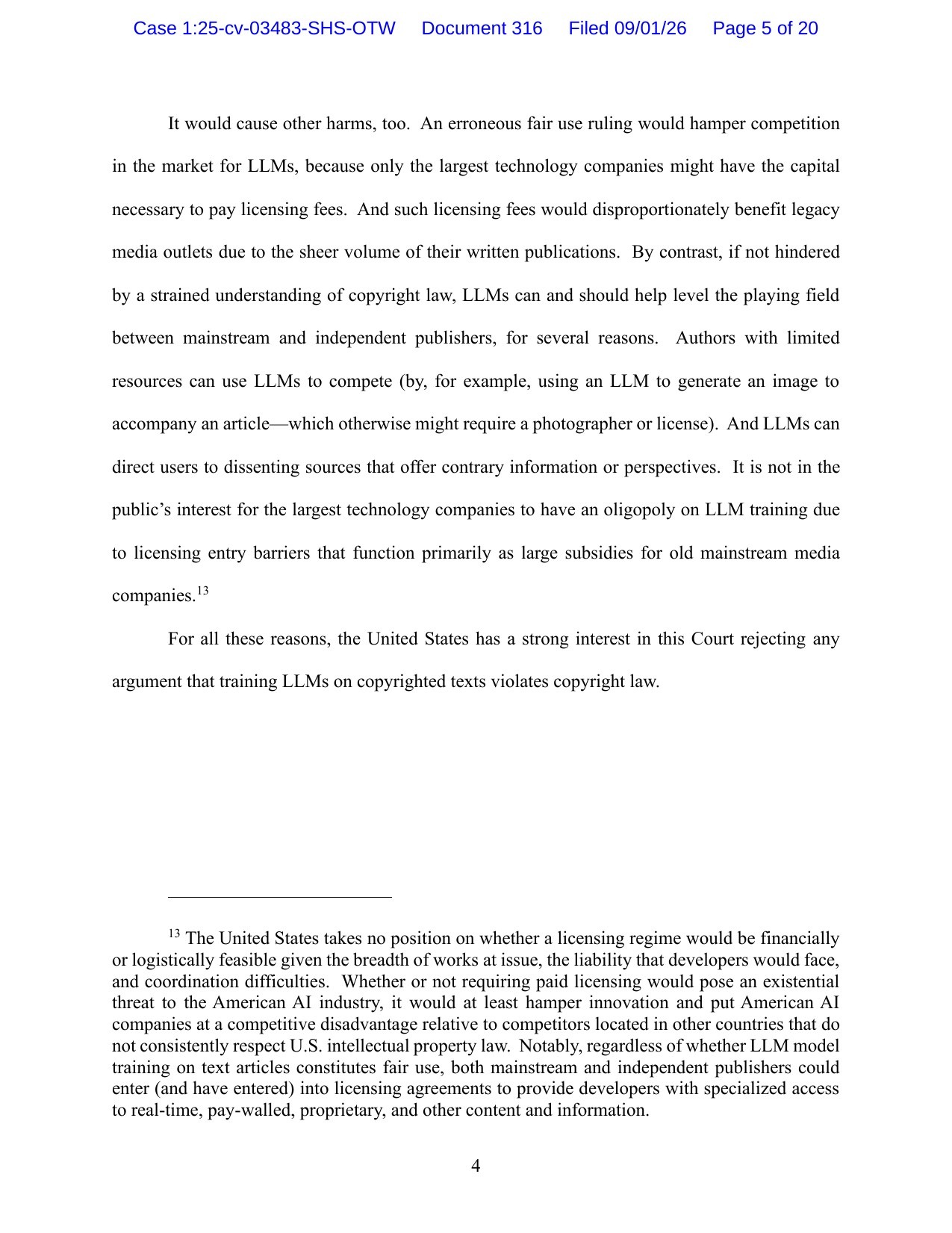 Page 5 of the September 1, 2026 Statement of Interest of the United States in the OpenAI copyright multidistrict litigation, Southern District of New York