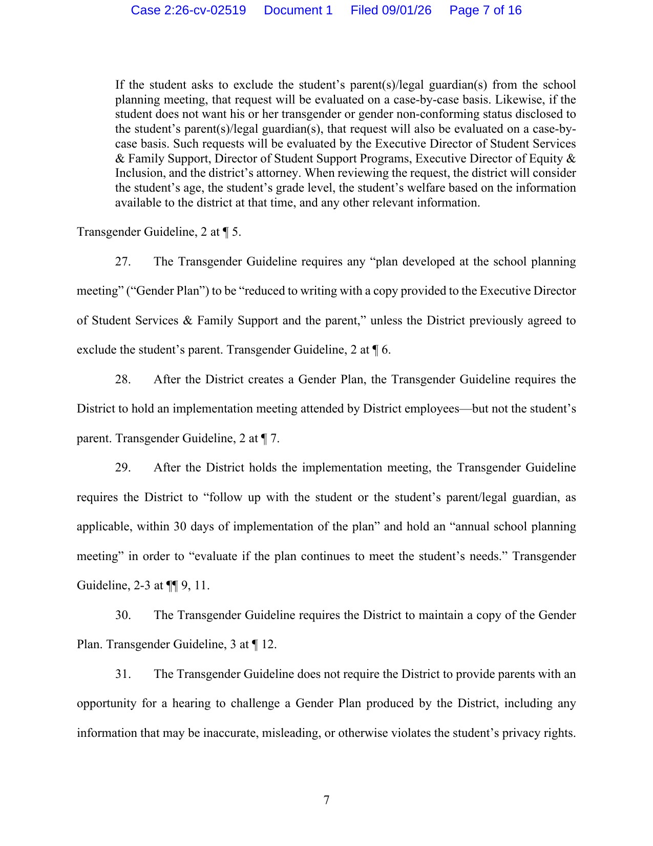Page 7 of the United States complaint against Unified School District No. 500, setting out paragraphs 26 through 31 on the Gender Plan and parental exclusion