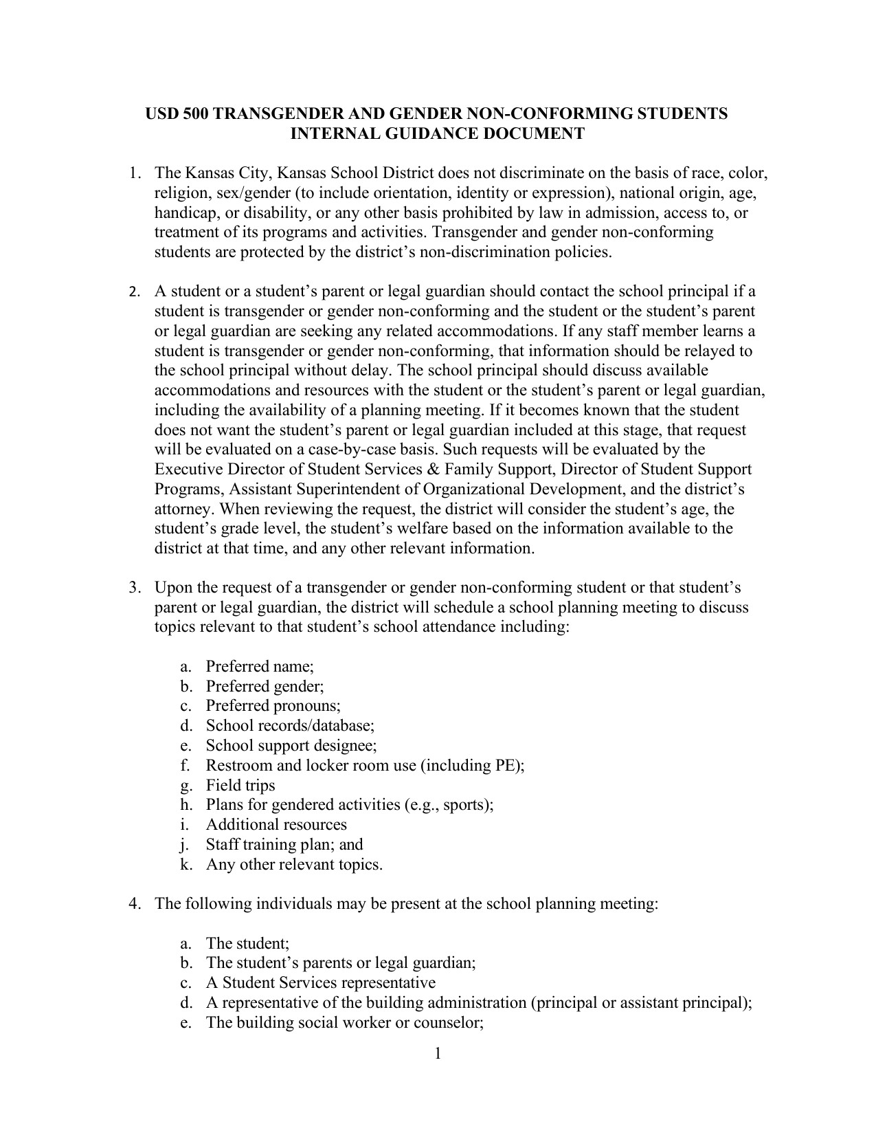 Page 1 of the USD 500 Transgender and Gender Non-Conforming Students Internal Guidance Document, showing paragraph 2 and the case-by-case parental exclusion language