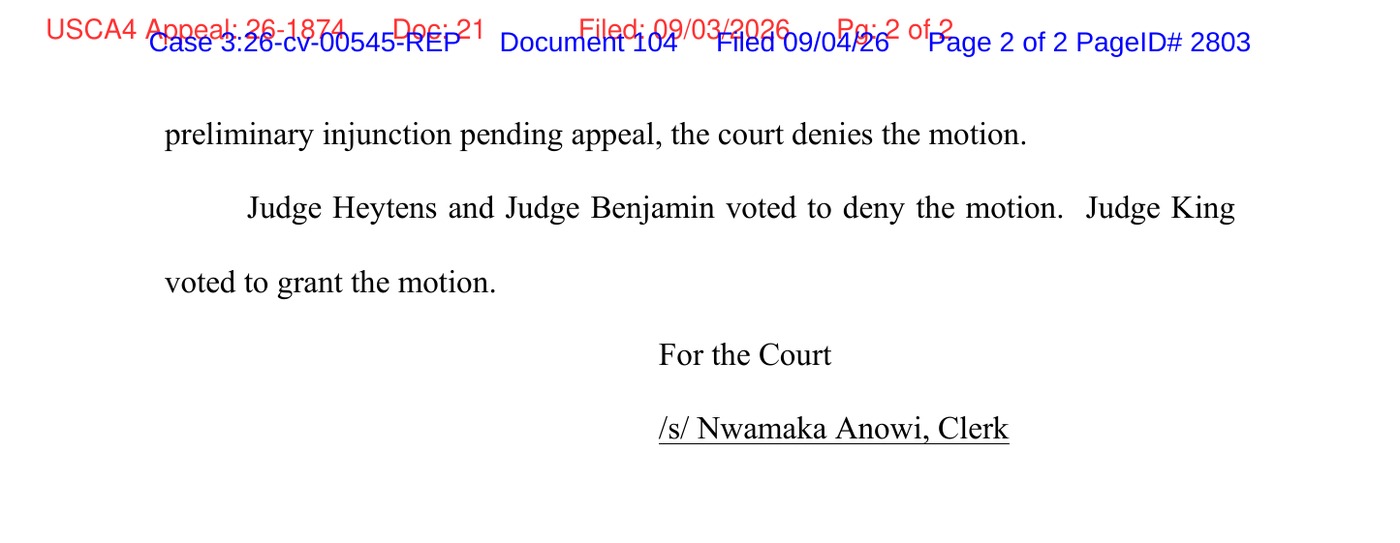 Page 2 of the Fourth Circuit's September 3, 2026 order in No. 26-1874 denying Virginia's motion for a stay pending appeal, showing that Judges Heytens and Benjamin voted to deny and Judge King voted to grant