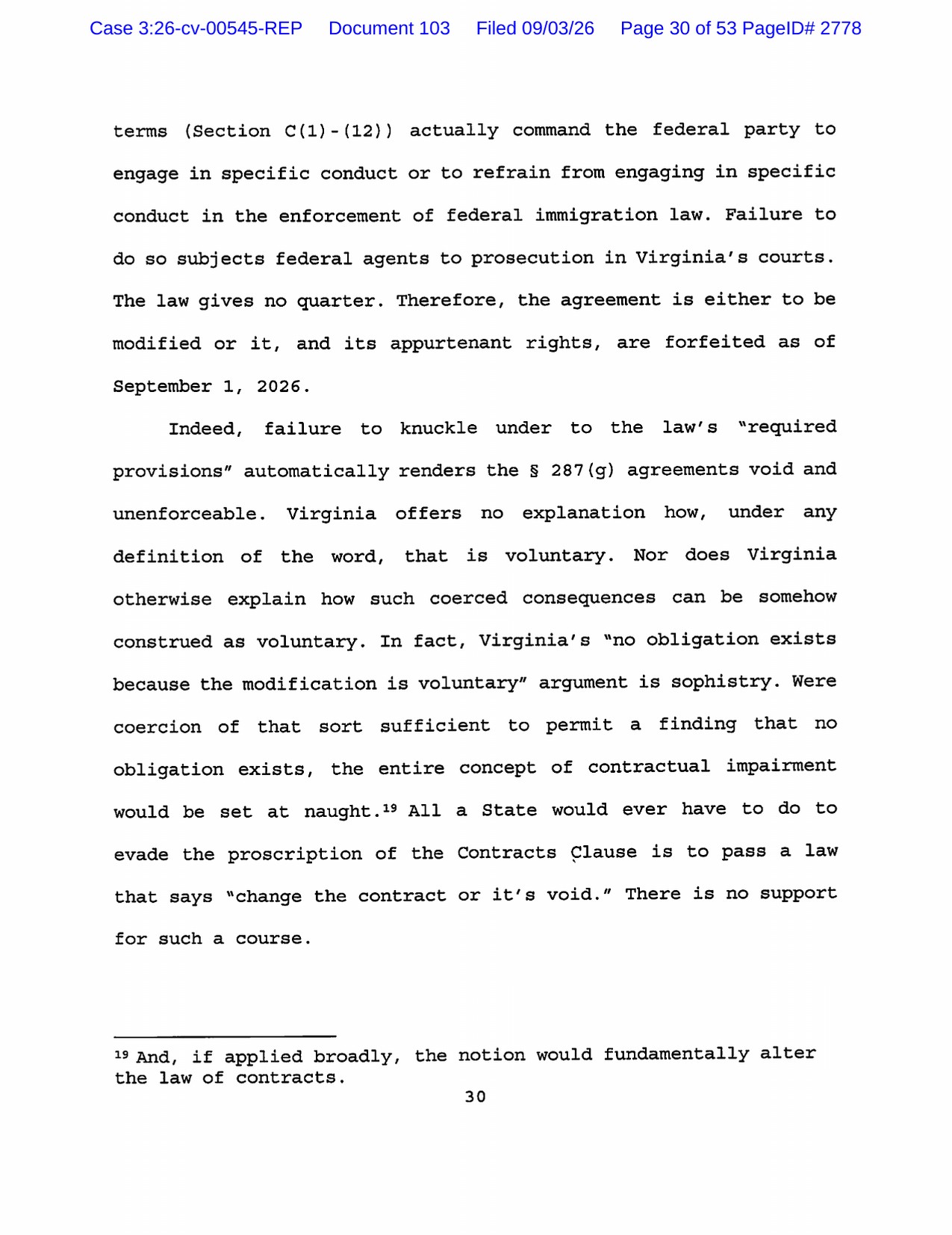Page 30 of Judge Robert E. Payne's September 3, 2026 memorandum opinion, containing the passage calling Virginia's voluntariness argument sophistry