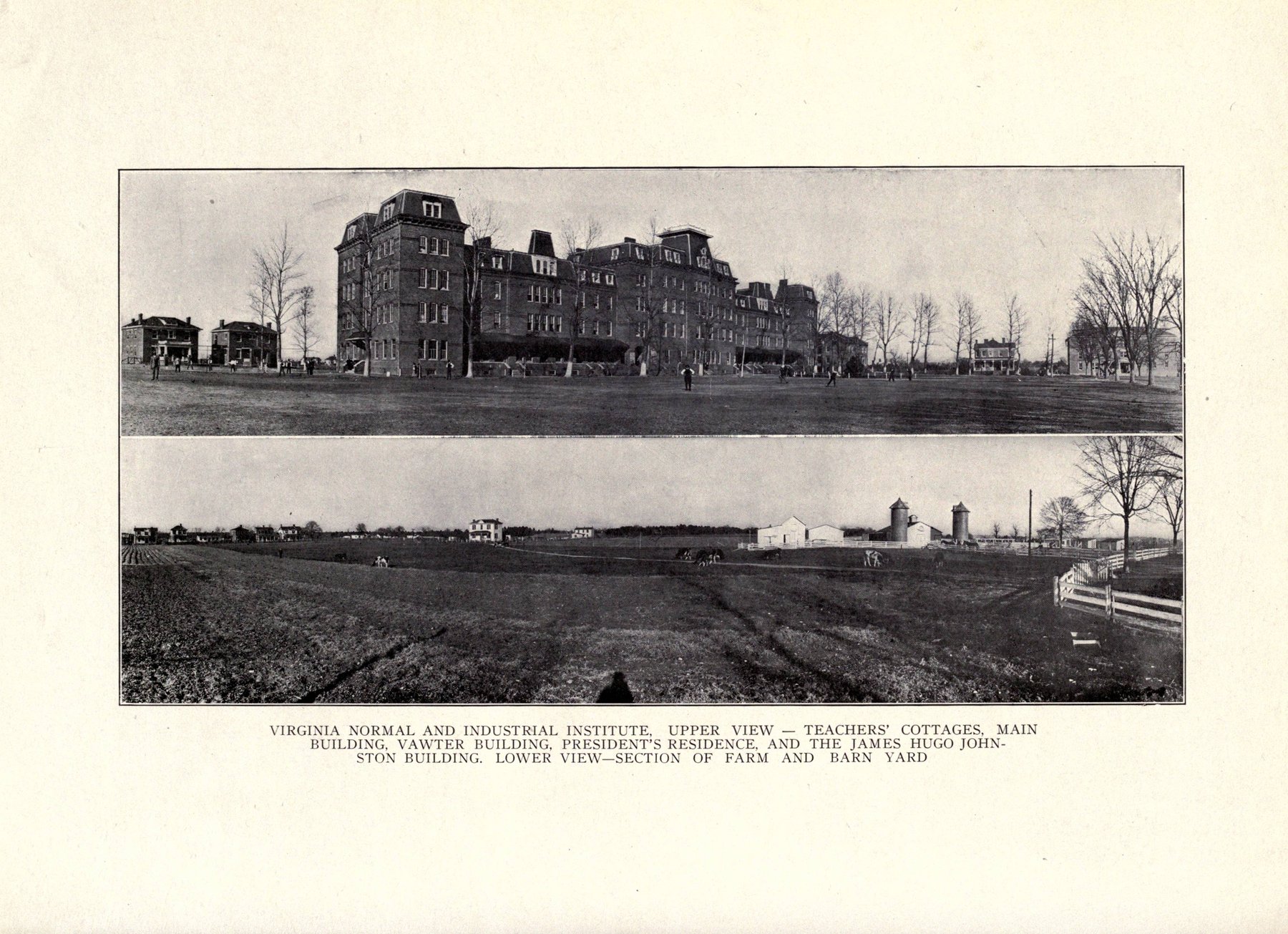 Two historic photographs of the Virginia Normal and Industrial Institute campus published by 1919, showing the main building, the Vawter Building and teachers' cottages above, and the school farm below