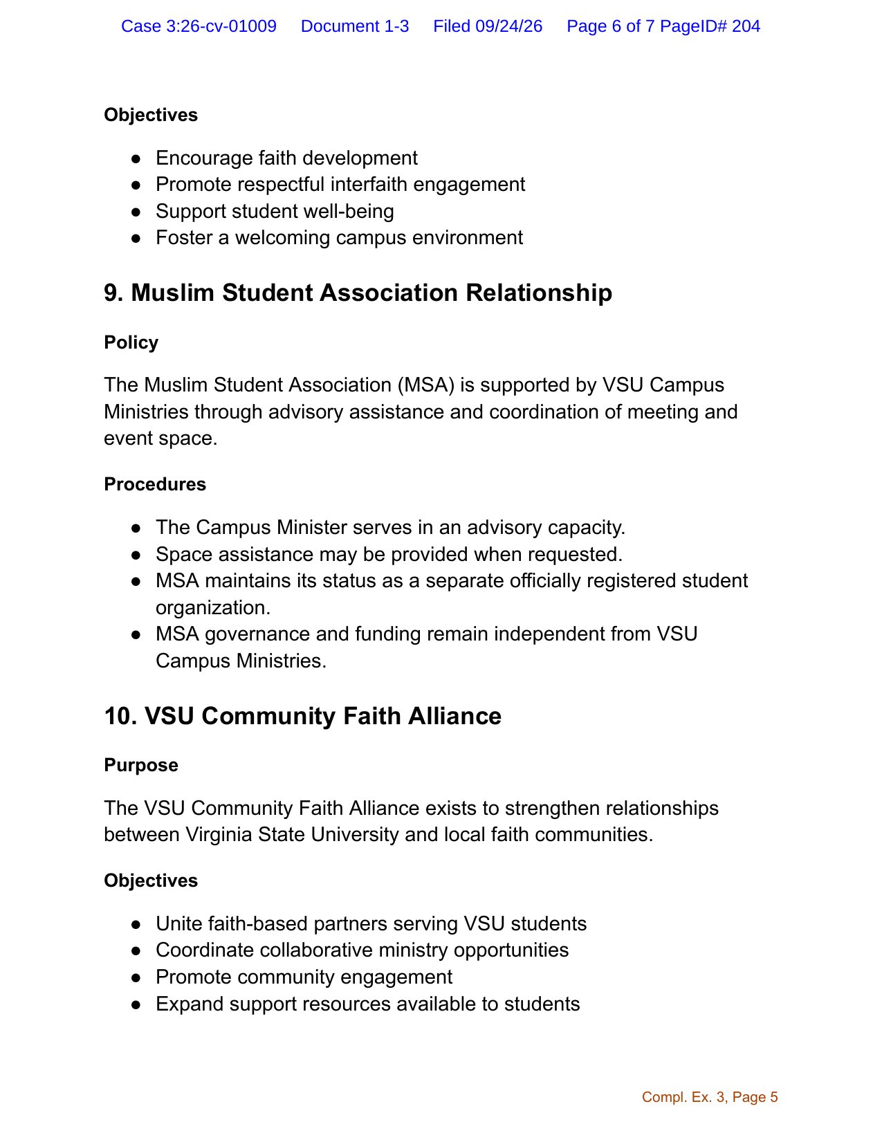 Page 5 of the VSU Campus Ministries Policy and Procedures Manual 2026-2027, showing Section 9, Muslim Student Association Relationship, and Section 10, VSU Community Faith Alliance