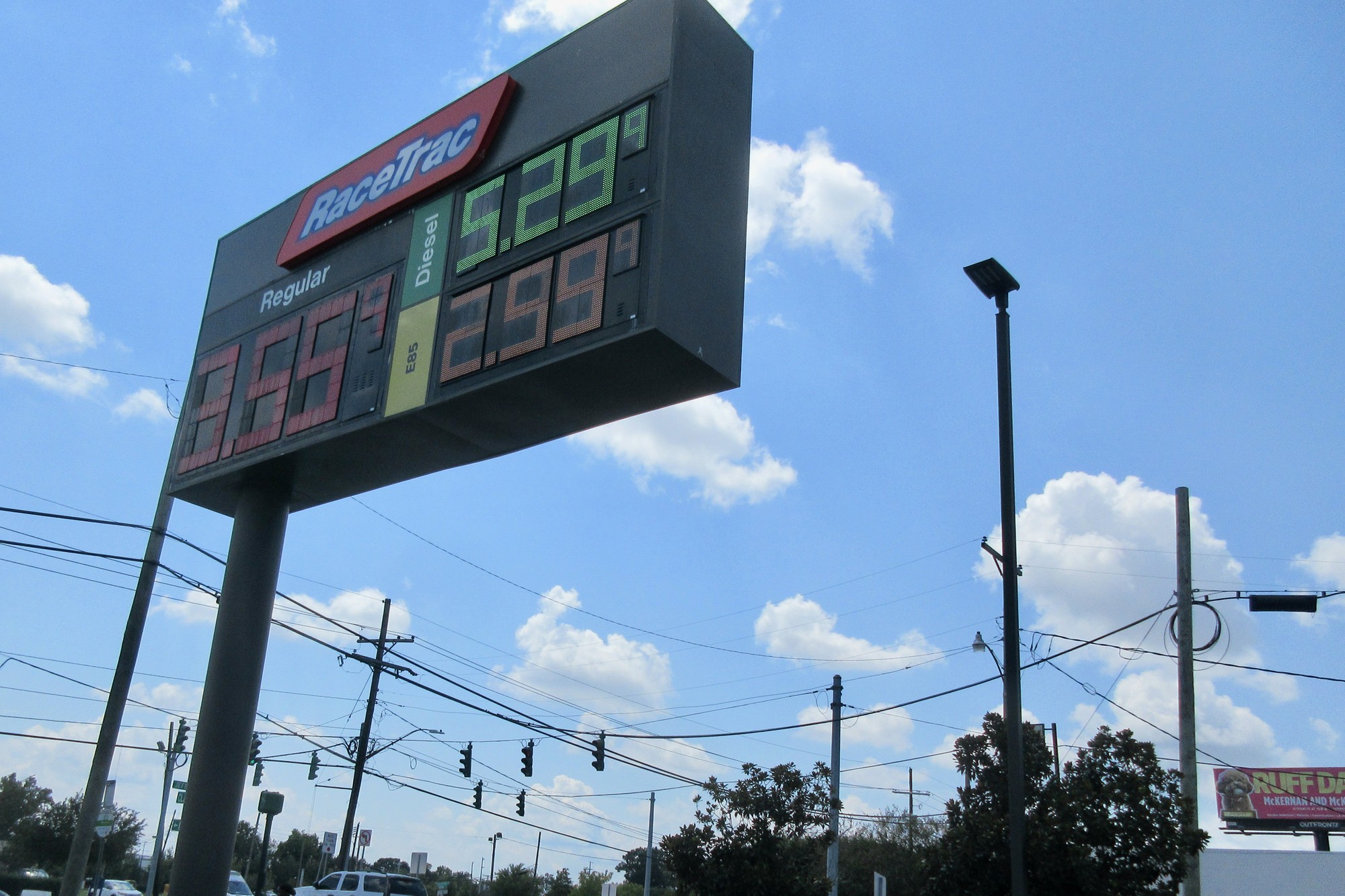 A RaceTrac fuel price board on Jefferson Highway in Louisiana on August 28, 2026, showing regular at 3.559 and diesel at 5.299 a gallon