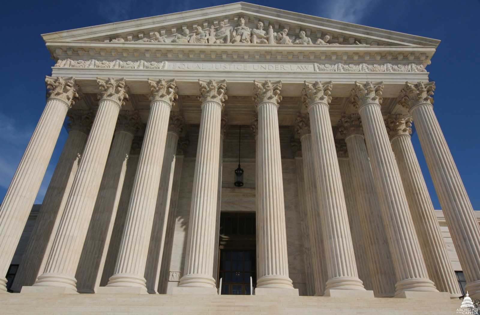The west facade of the United States Supreme Court Building in Washington, D.C., with the inscription Equal Justice Under Law above the columns