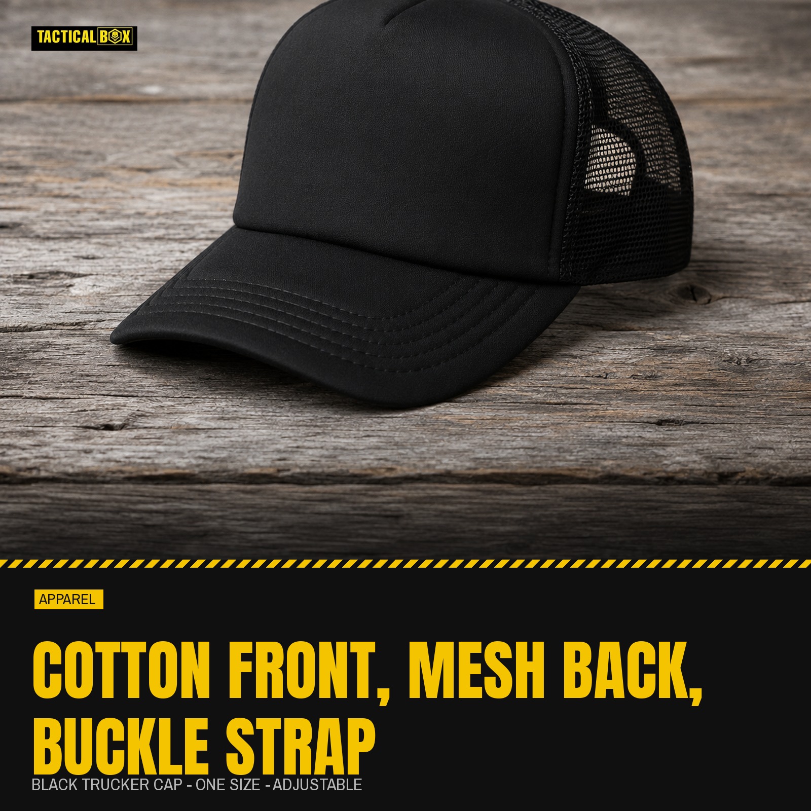 Black trucker cap on weathered wood, three-quarter front view, with the build details alongside