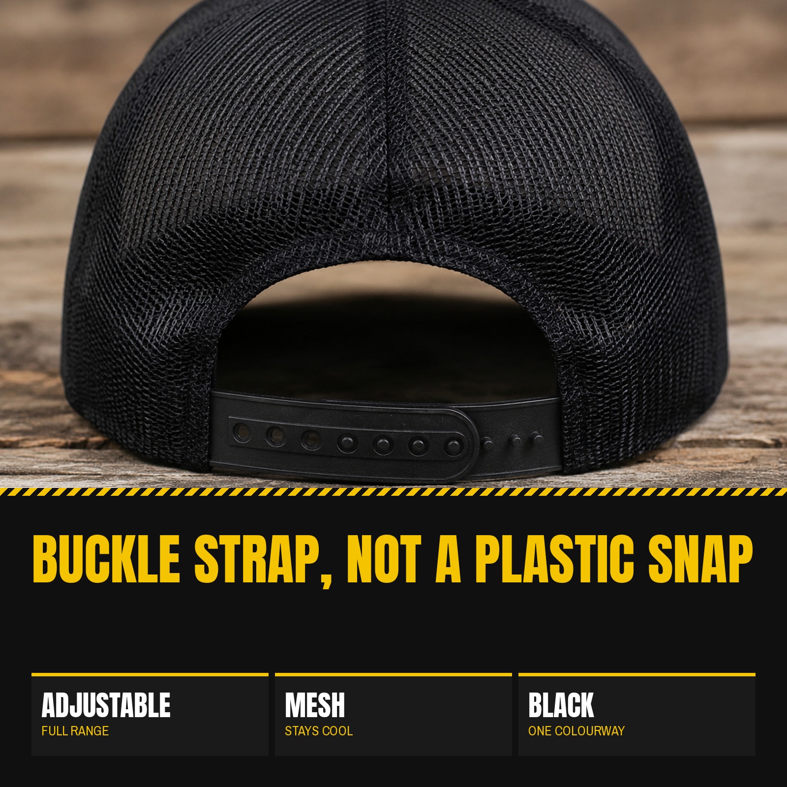 Rear view of the cap showing the mesh back panels and the adjustable buckle strap