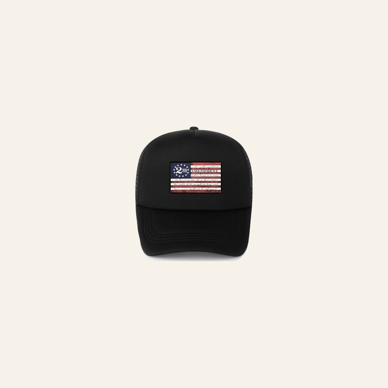 2nd Amendment Cap showing the flag patch with the text of the Second Amendment on the front panel