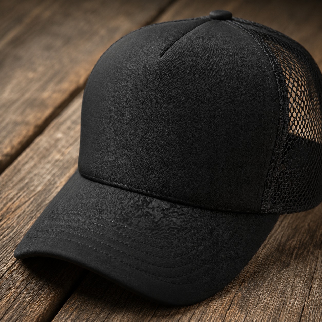 Side view of the black trucker cap showing the pre-curved top-stitched brim