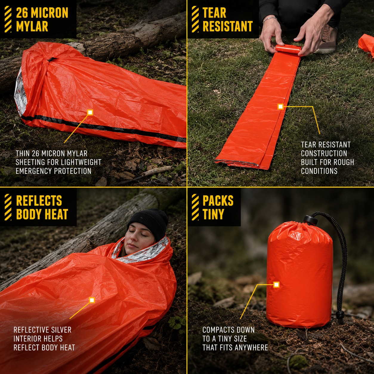 Emergency Sleeping Bag shown in four uses
