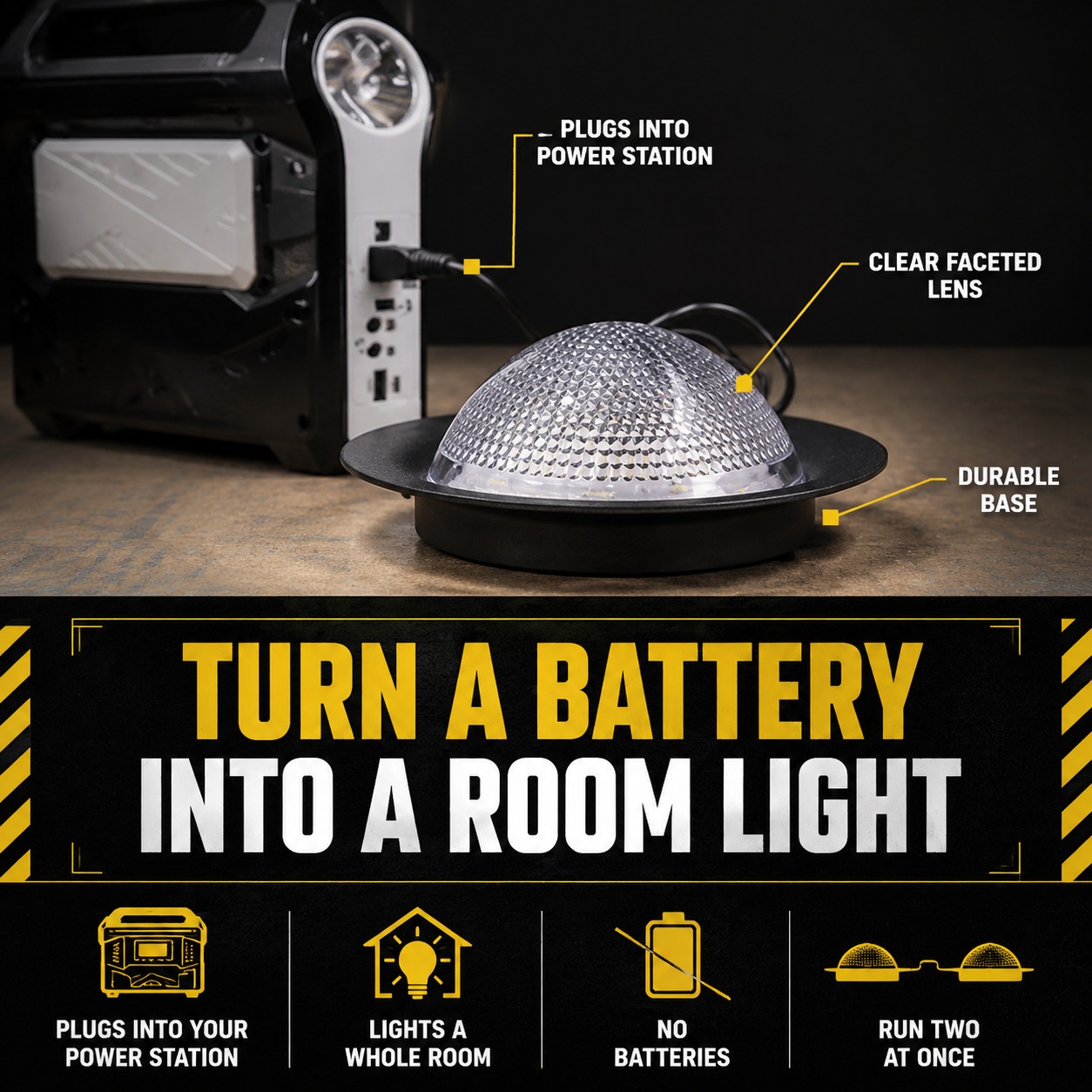 LED dome light plugged into a portable power station