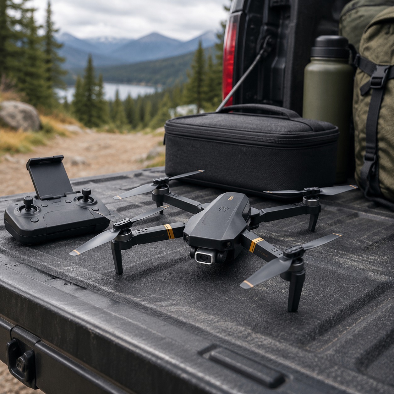 TacRight RC Drone, transmitter and carry case laid out on a truck tailgate