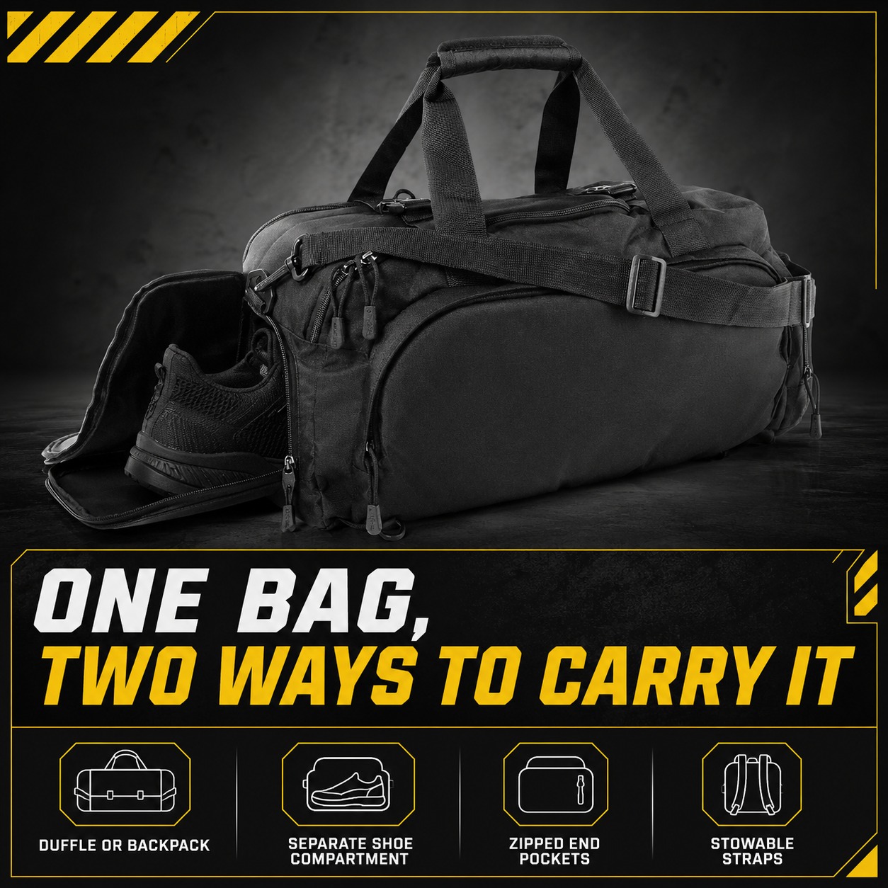 Hybrid duffle bag with shoe compartment and stowable straps