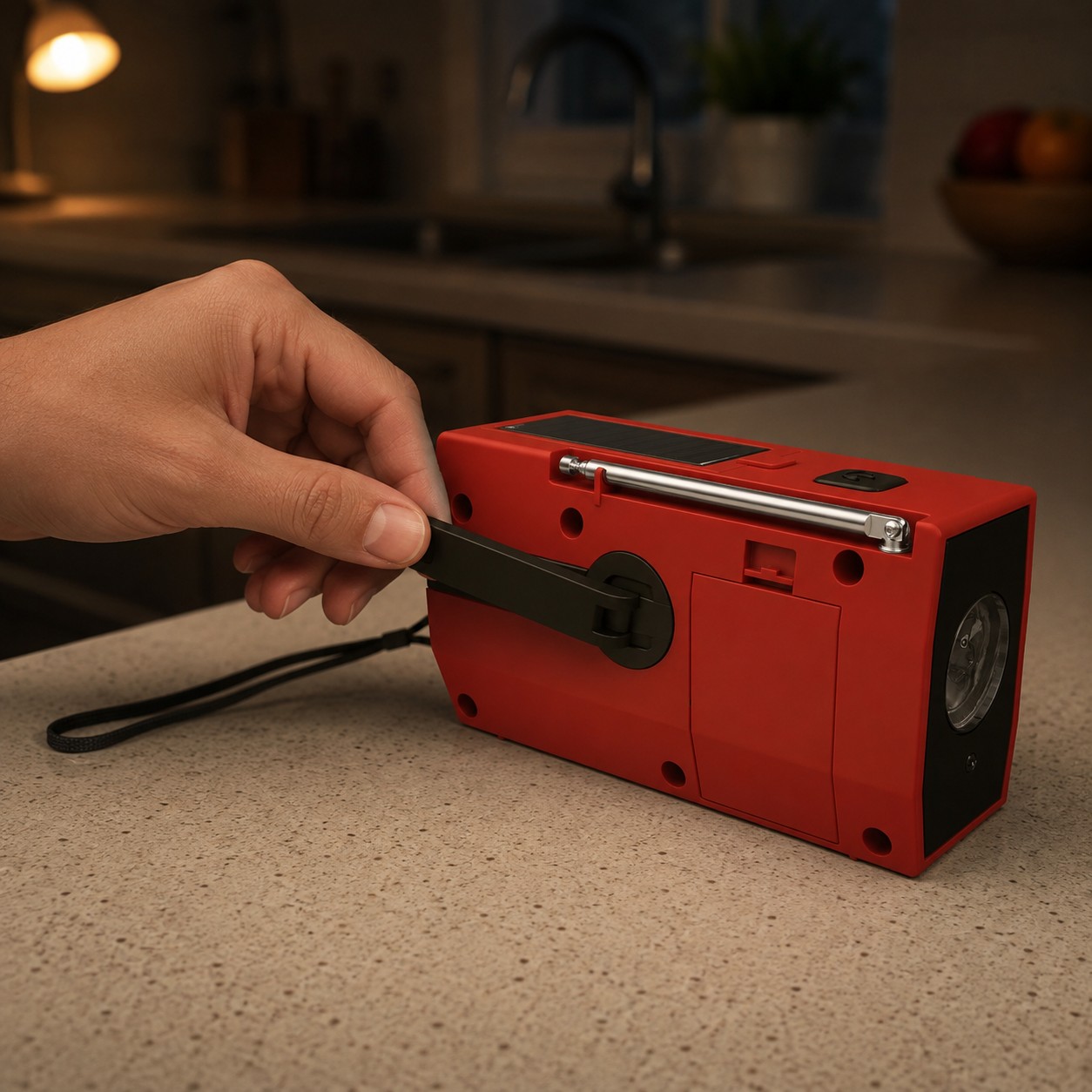 Turning the fold-out hand crank on the Tacright Emergency Radio in a dark kitchen