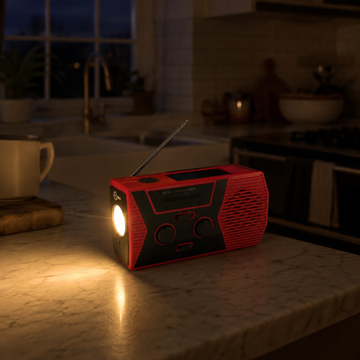 Tacright Emergency Radio lighting a dark kitchen during a power outage