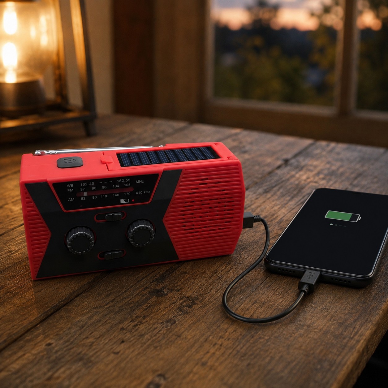 The Tacright Emergency Radio charging a phone by USB cable on a wooden table