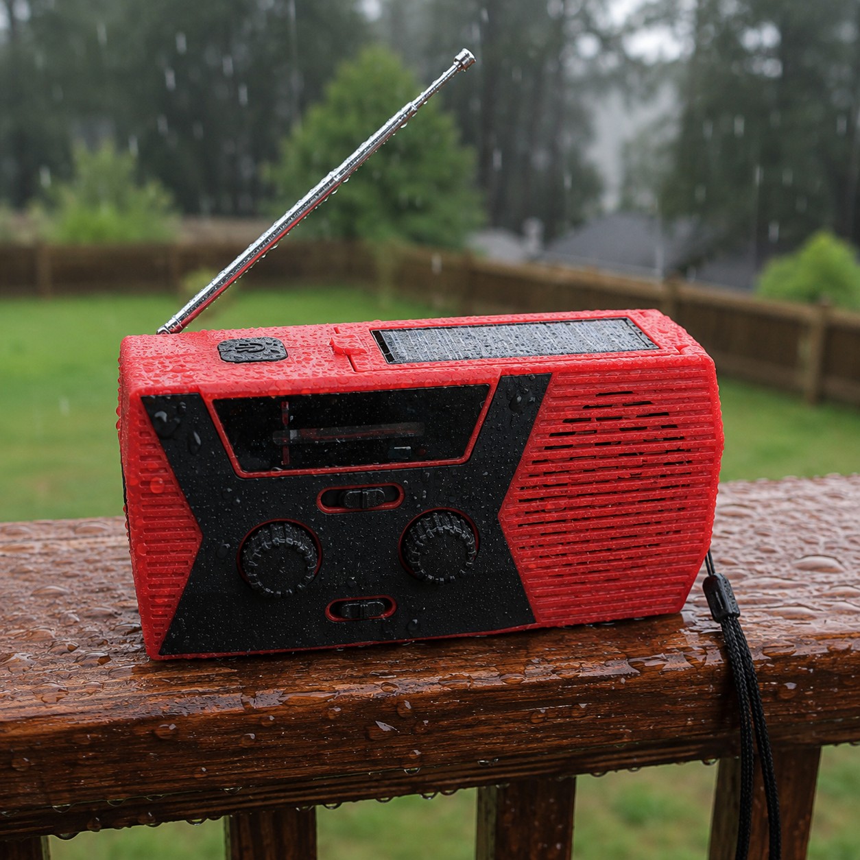 The Tacright Emergency Radio beaded with rain on a wet porch rail