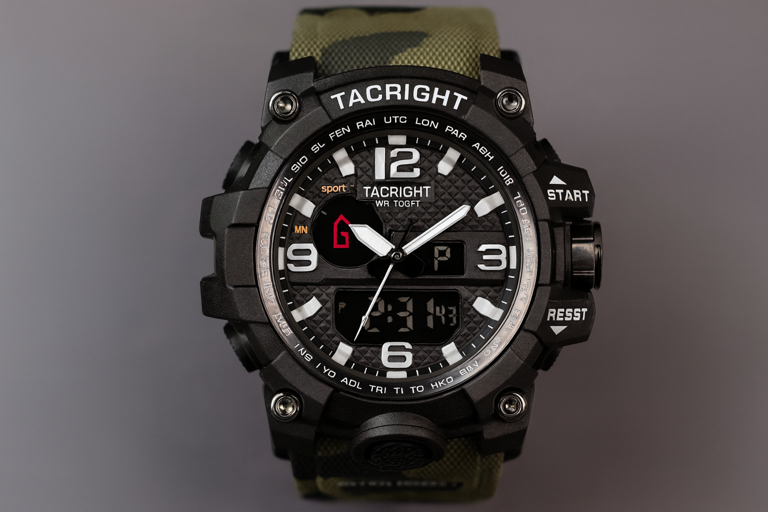 Tacright Military Watch showing analog hands over the digital window