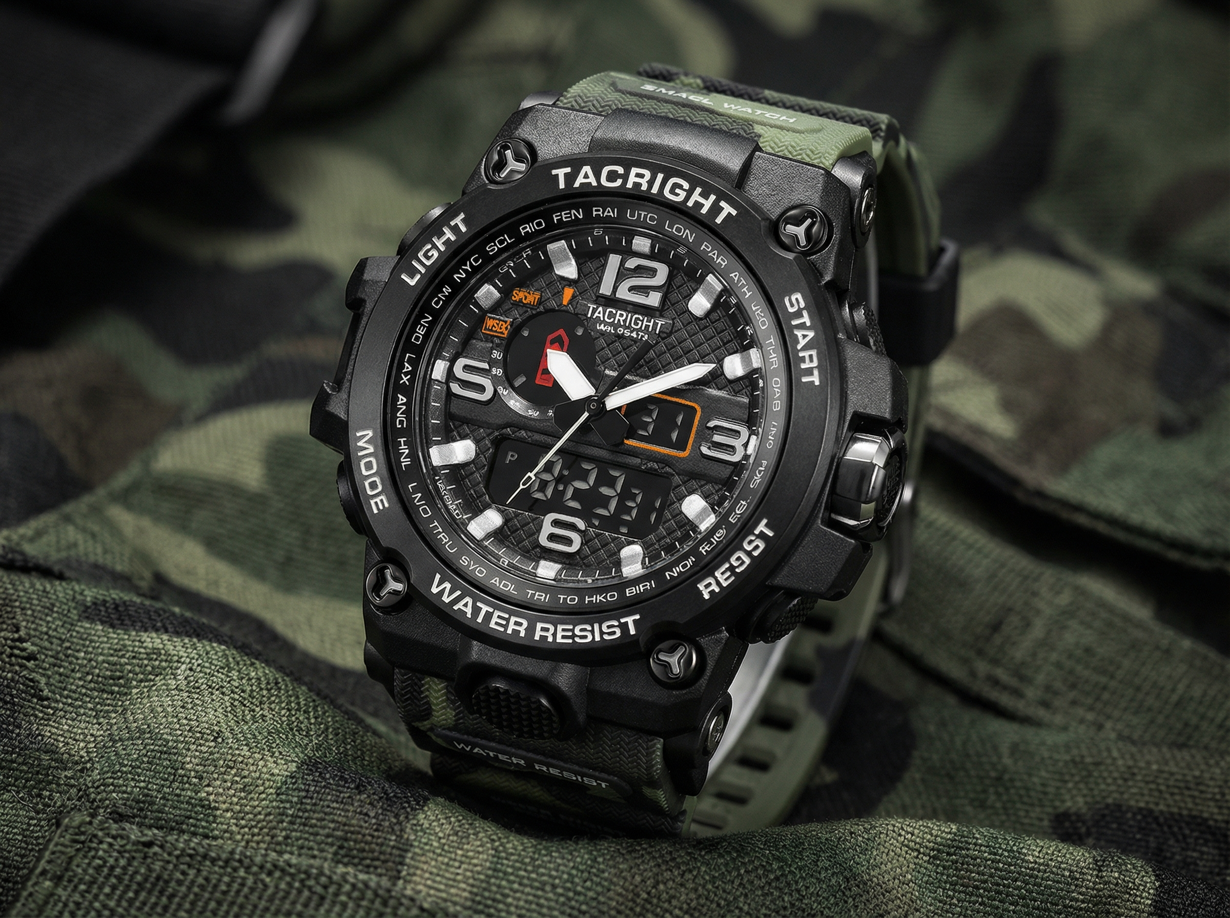 The Tacright Military Watch and its camouflage rubber strap on camo fabric