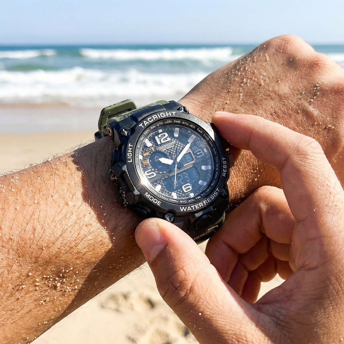 Wearing the Tacright Military Watch at the beach with wet hands and sand