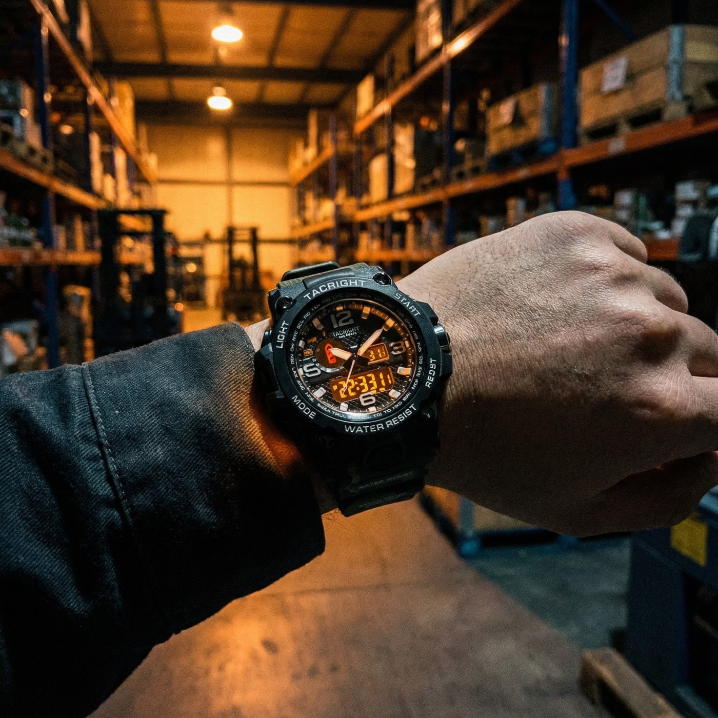 Wearing the Tacright Military Watch on a work shift in a warehouse