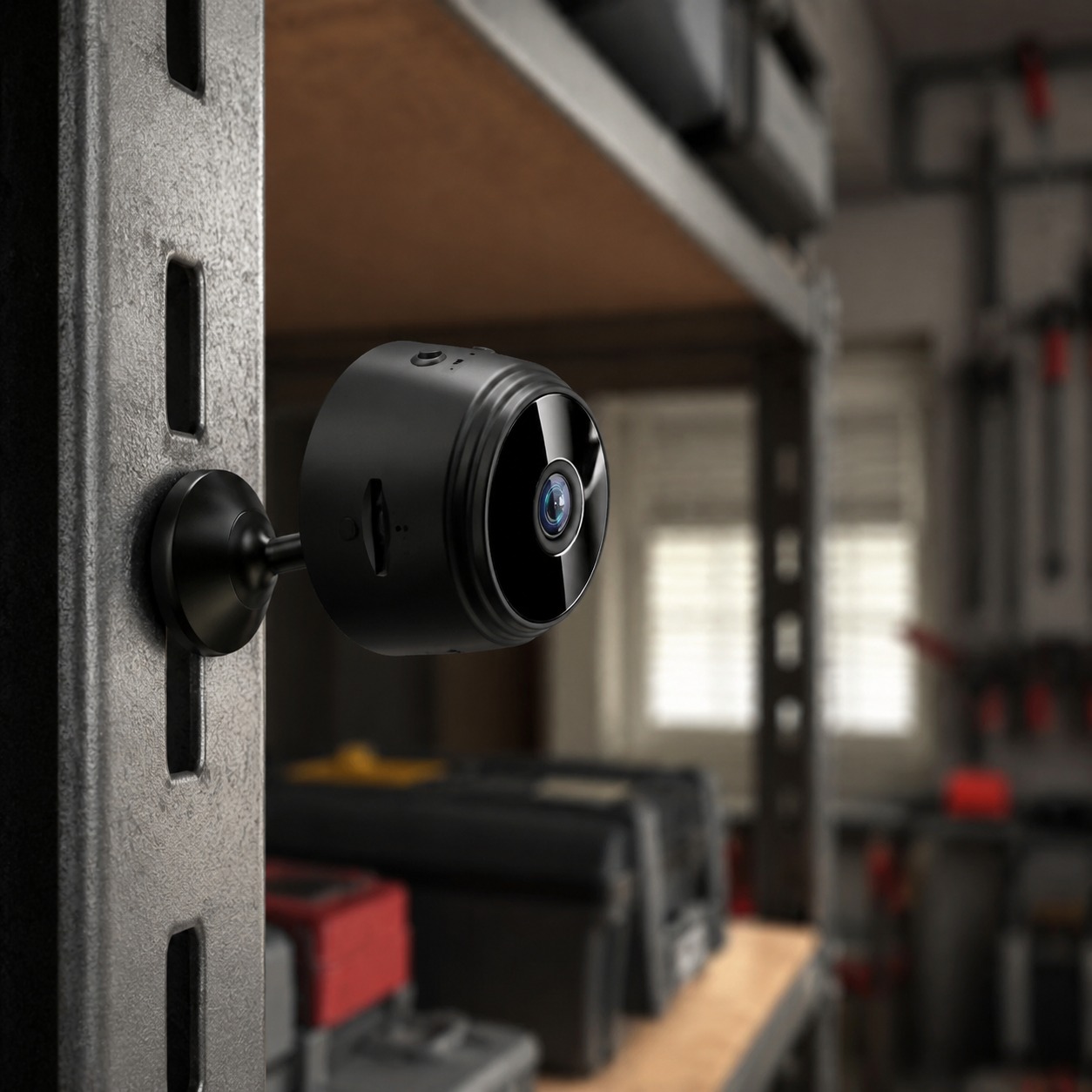 Circle Mini Camera stuck by its magnetic base to a steel shelf bracket in a workshop
