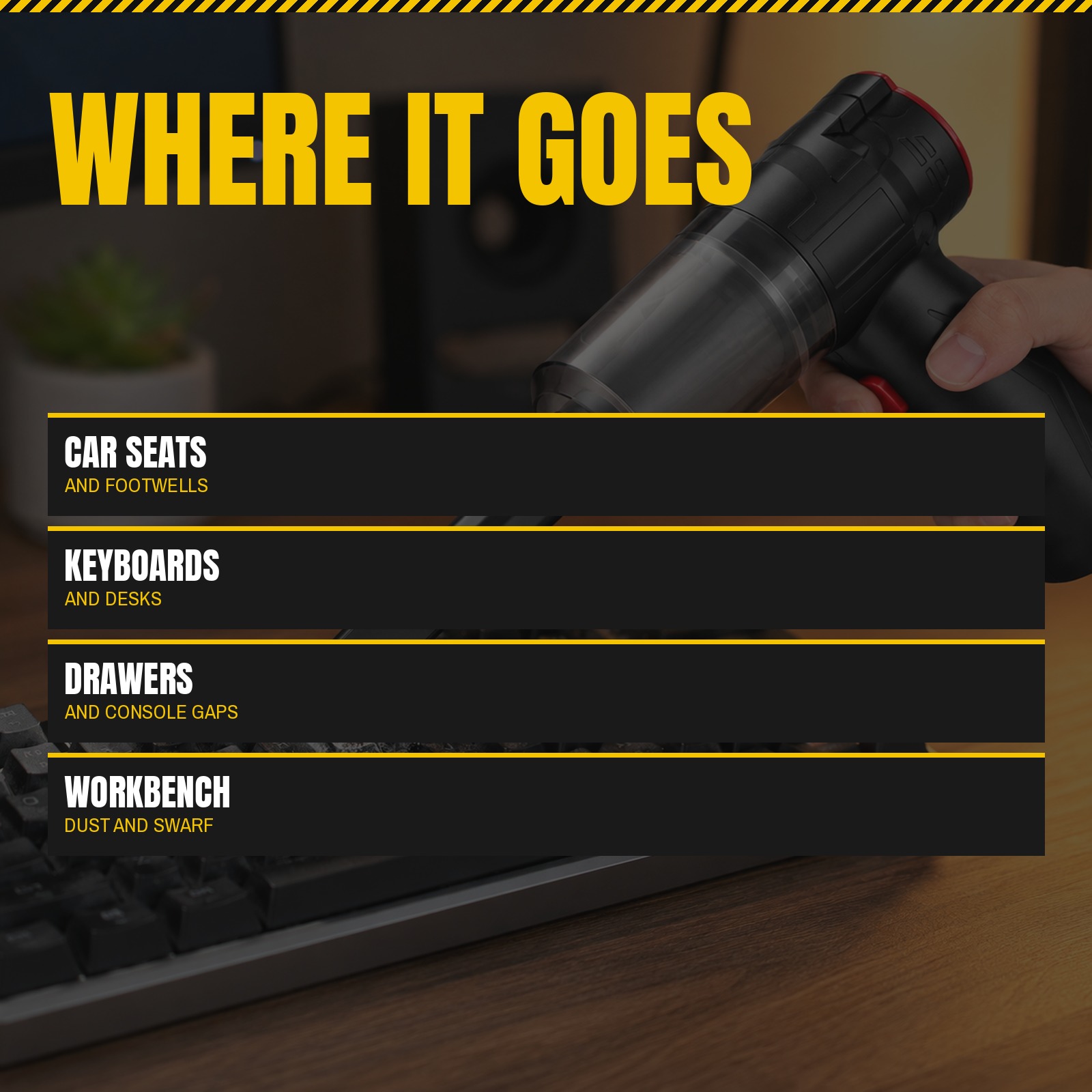 Mini Vacuum panel showing where it is used: car seats, keyboards, drawers and workbench