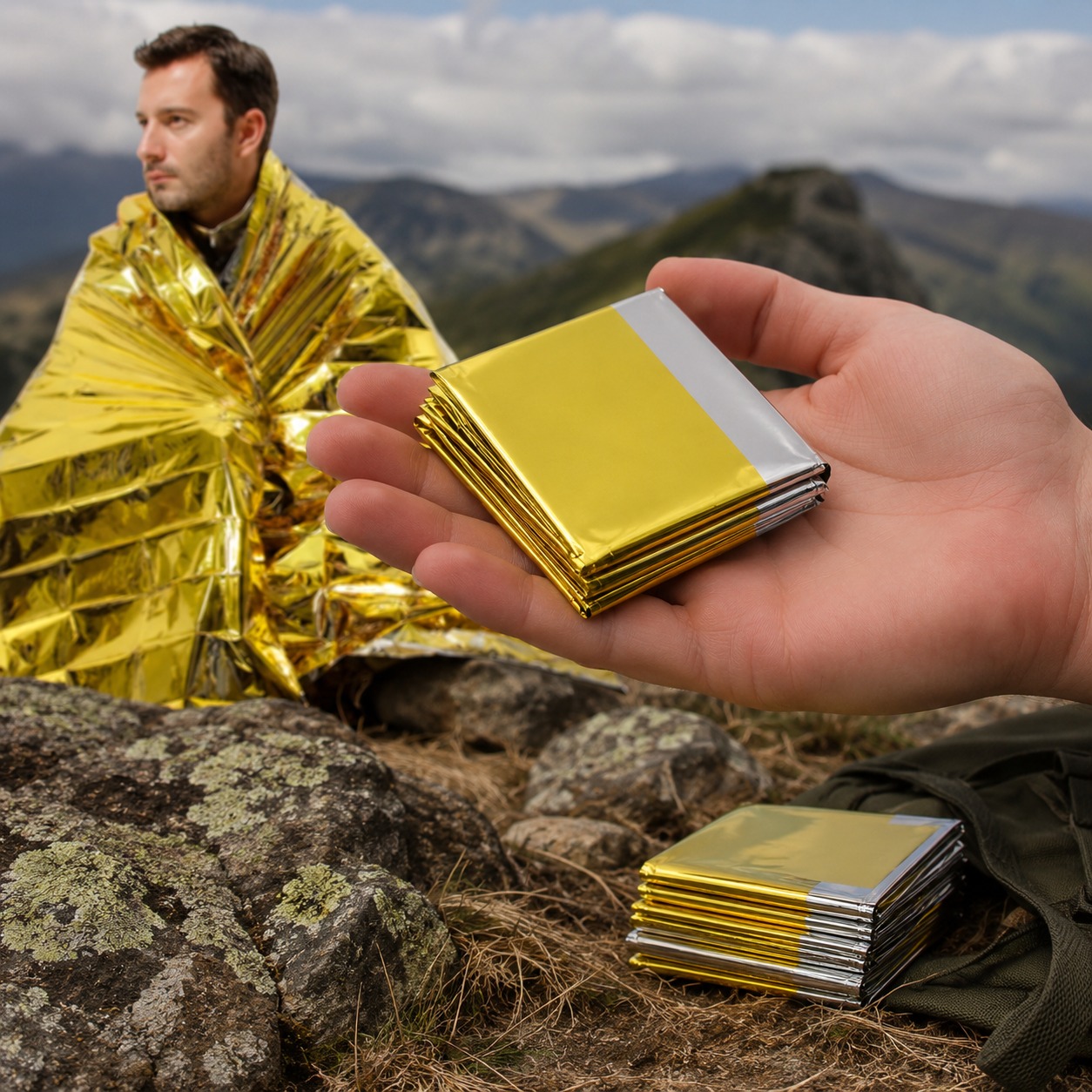 Mylar Survival Blanket folded packet held in a palm beside an unfolded blanket