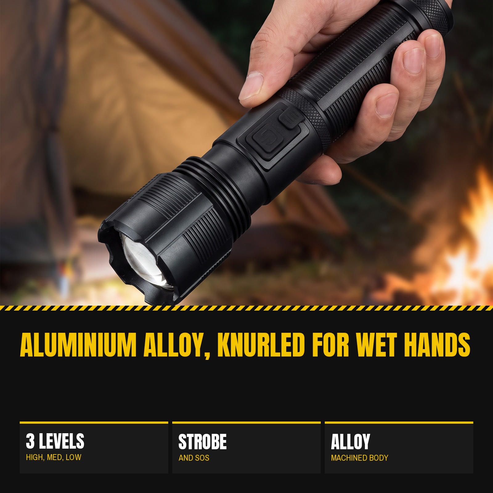 Novalite XPH-50 flashlight held close in one hand, showing the zoom head and side switch