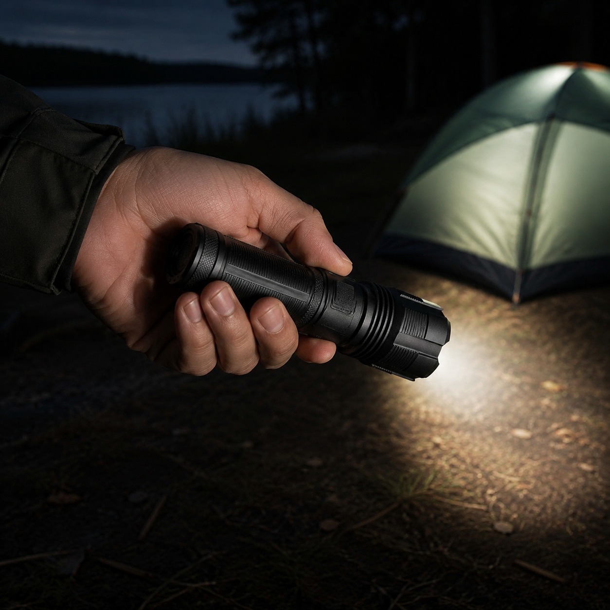Novalite XPH-50 flashlight lighting the ground beside a tent after dark