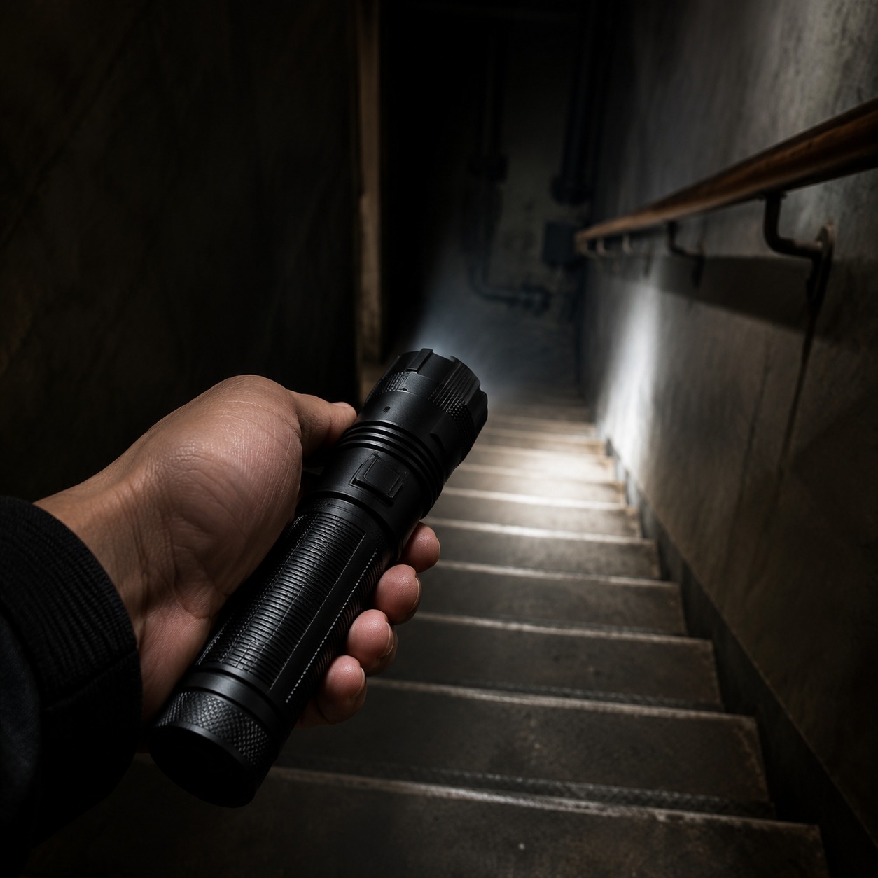Novalite XPH-50 flashlight lighting a dark concrete stairwell