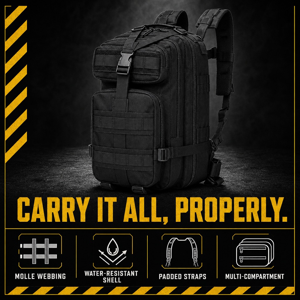 Tactical MOLLE backpack with webbing and padded straps