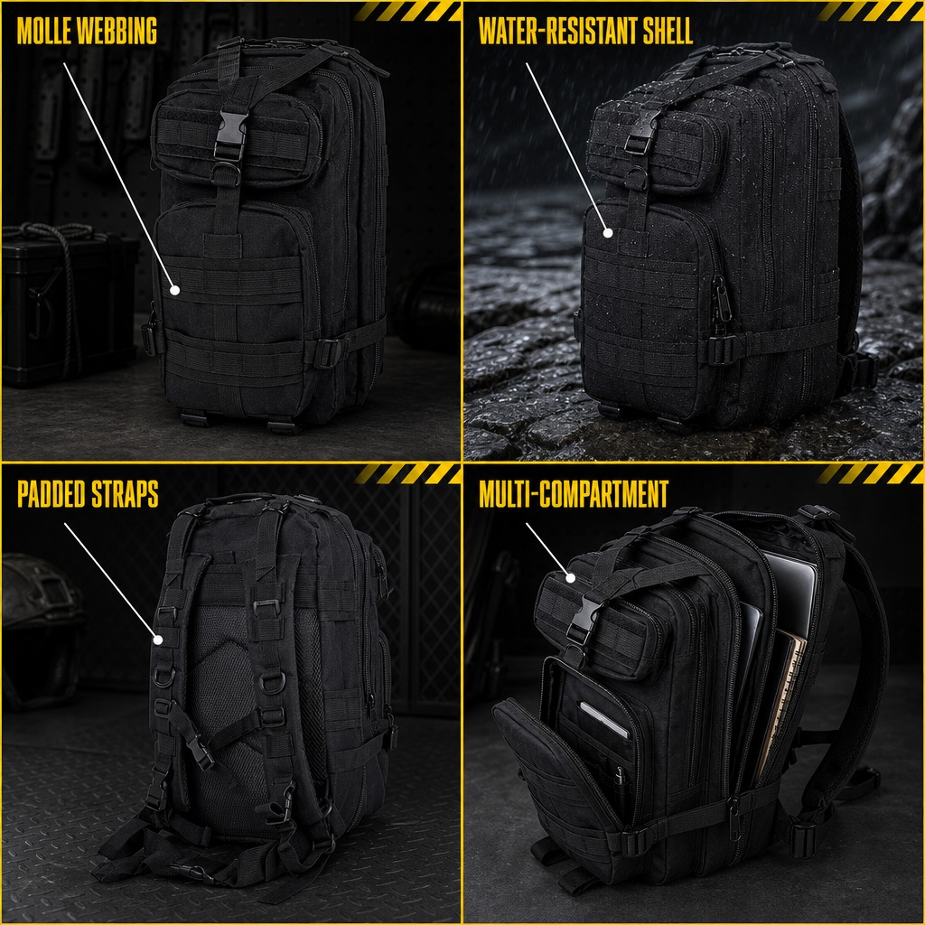 Tactical backpack shown across four uses
