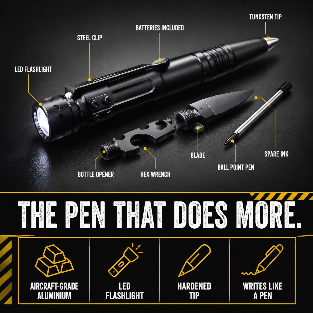 Strikepen Black tactical pen with accessory bits laid out