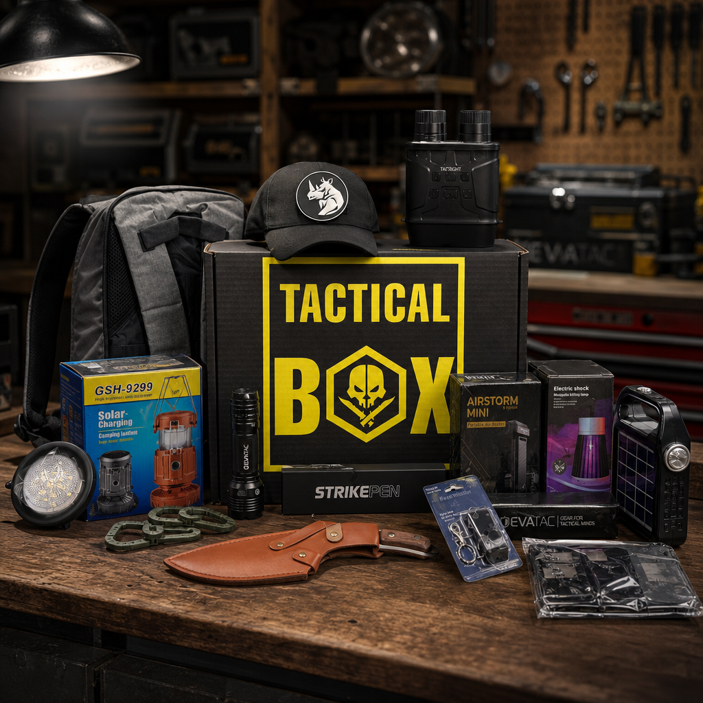 Workbench scene with rifle, backpack, TacticalBox, and pegboard of tools