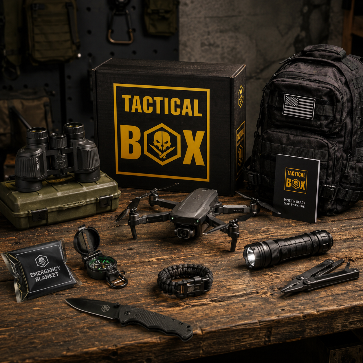 Overhead flat lay of TacticalBox gear inventory — multiple products laid out on dark backdrop