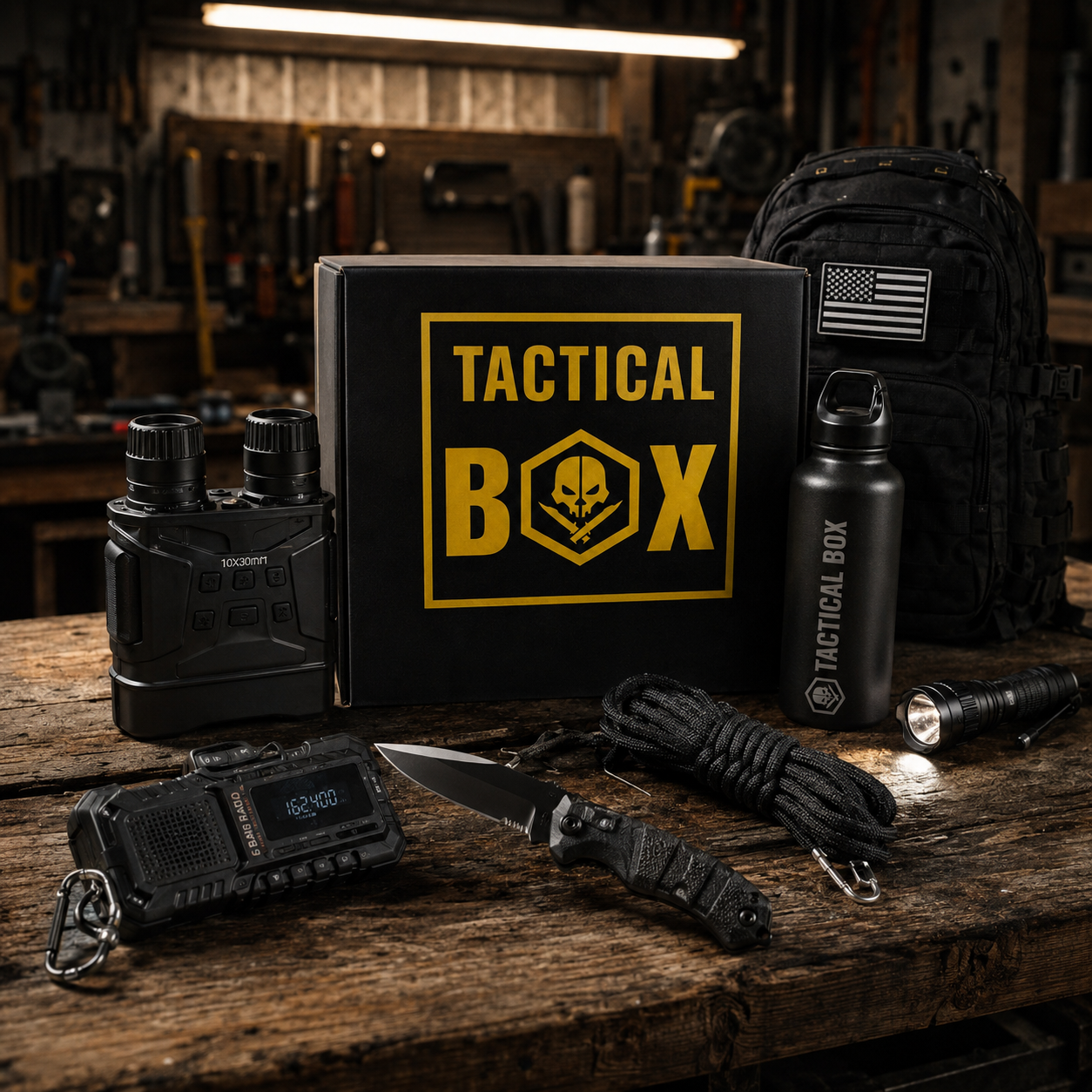 TacticalBox gear flat lay with the bonus tactical gas mask